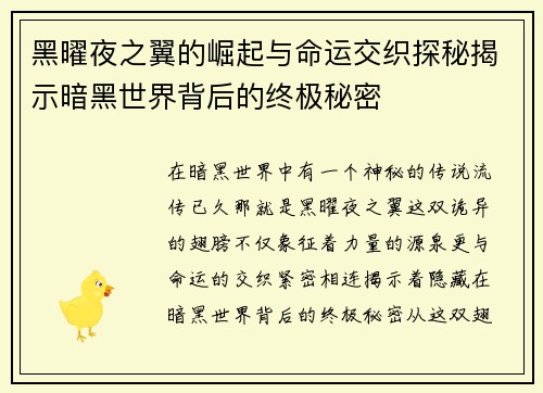黑曜夜之翼的崛起与命运交织探秘揭示暗黑世界背后的终极秘密